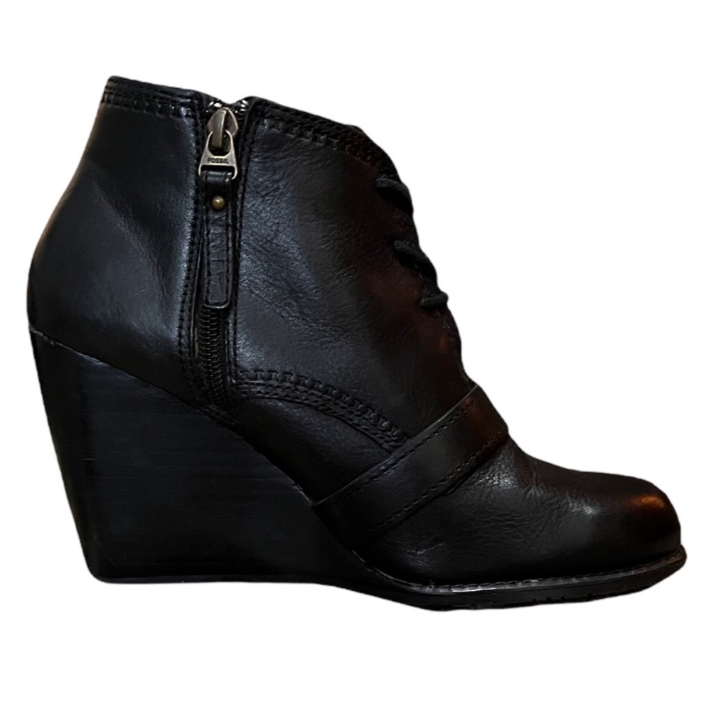 Fossil Leather Stacked Wooden Wedge Boots